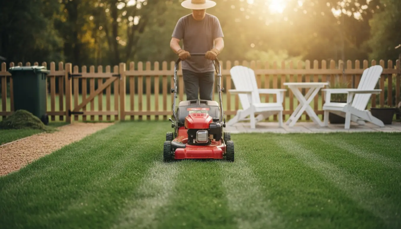 Person set bagfra klipper en mellemstor græsplæne med havemøbler flyttet til siden og en åben container i baggrunden.