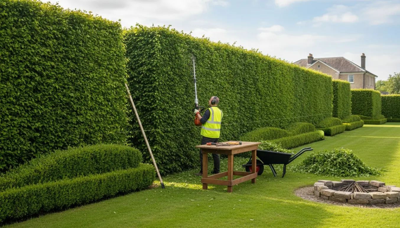 Lang bøgehæk omkring 2 meter bliver klippet med stanghækkeklipper, med bunker af afklip og et lille bålsted i baggrunden.