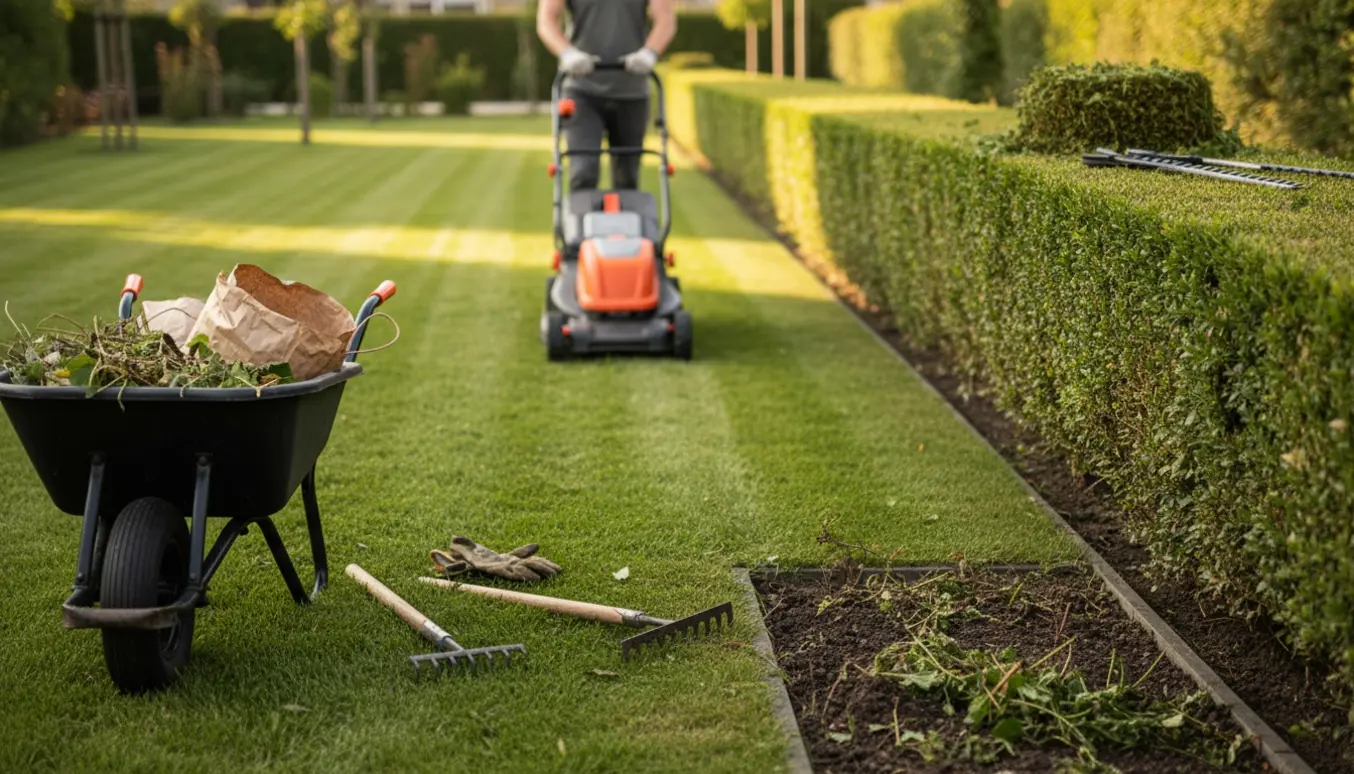 Havearbejde med el-plæneklipper på nyslået græs, nyklippet hæk og trillebør med haveaffald.