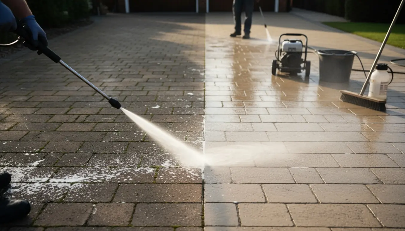 Indkørsel renses og imprægneres med højtryksspuler og sprøjte, med tydelig før- og efterkontrast.