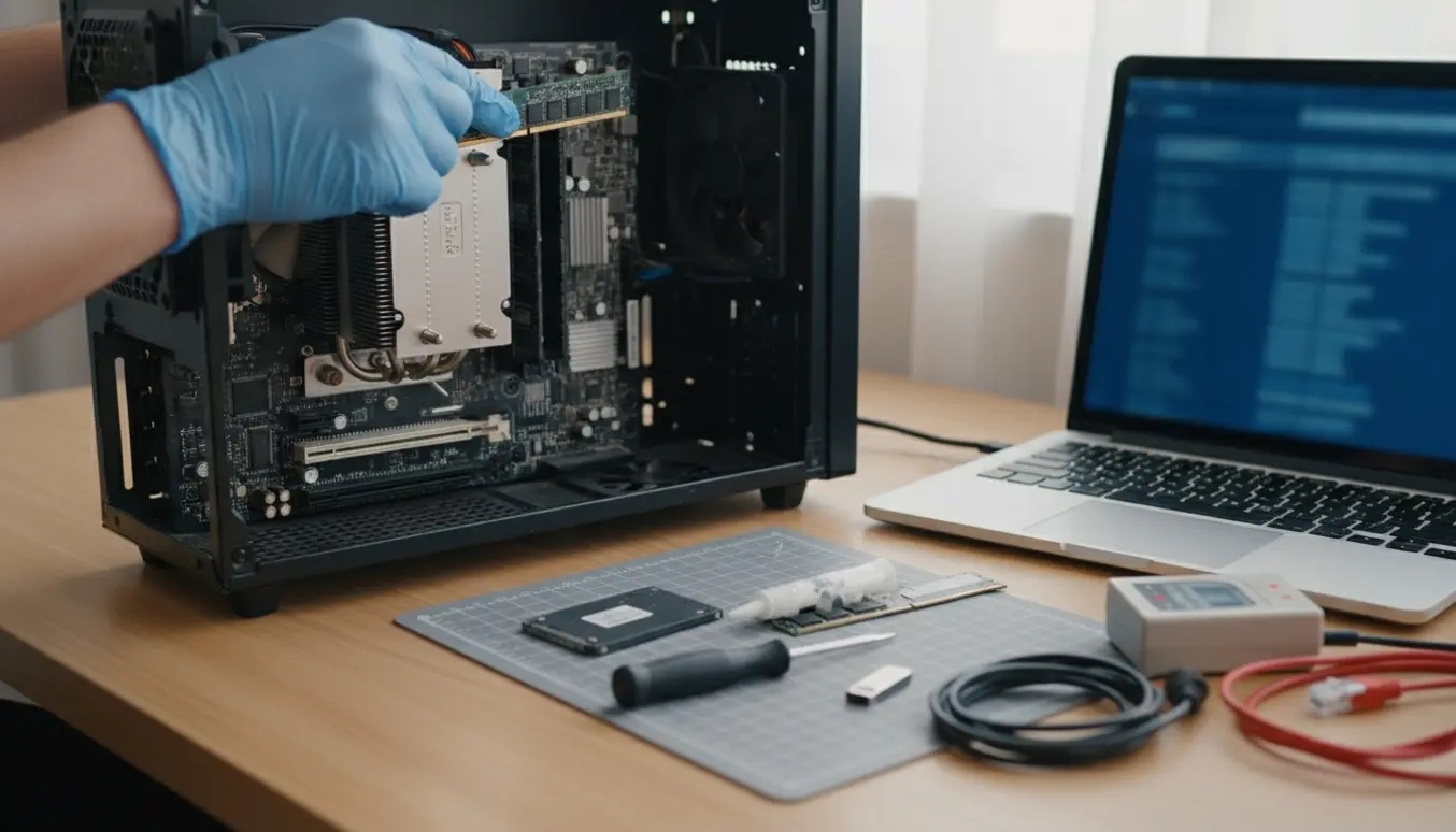 Åben pc på skrivebord med hænder, der fejlsøger hardware efter Windows 10 ikke vil starte.