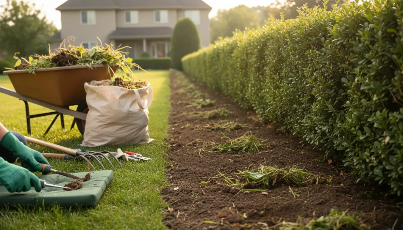 Handsker fjerner ukrudt langs en hæk med trillebør og haveredskaber ved siden af.
