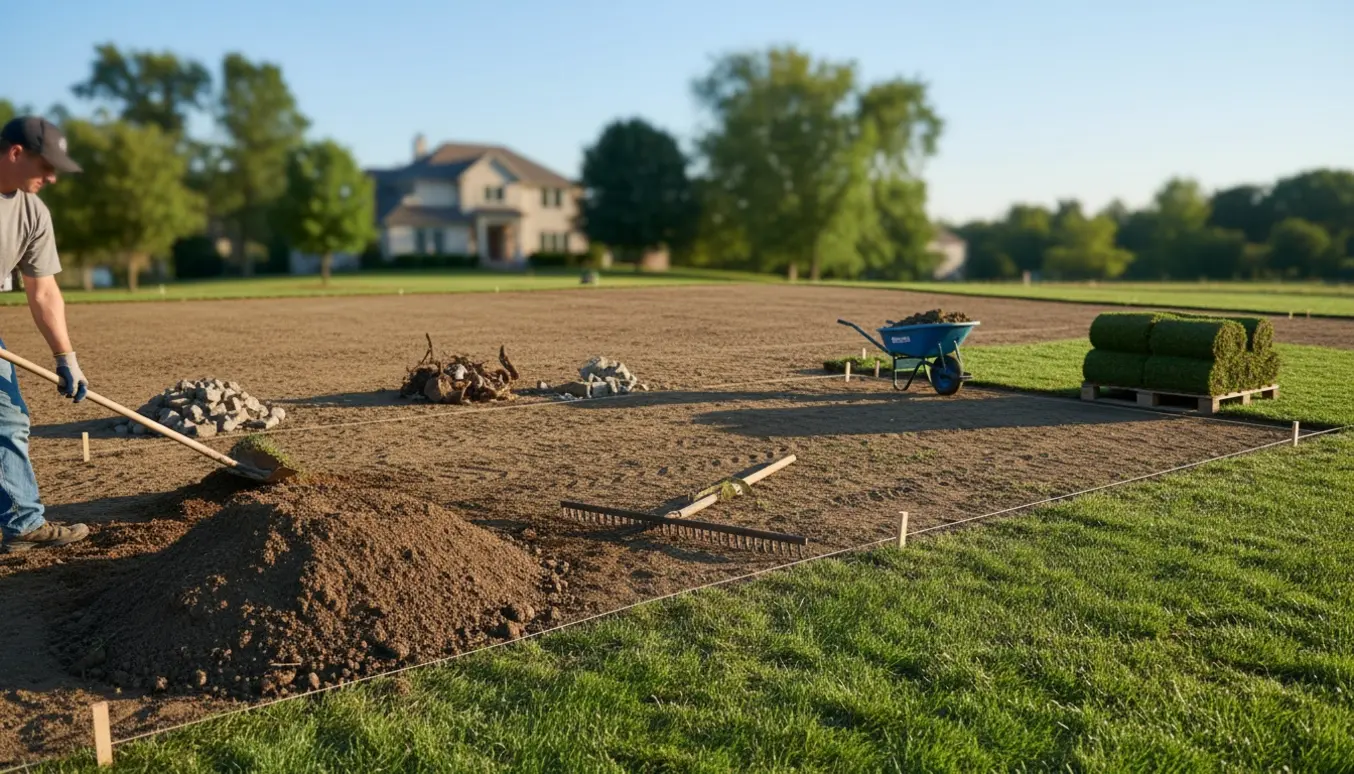 Stor haveplæne under planering med skovl, rive, jord og rullegræs klar til lægning.