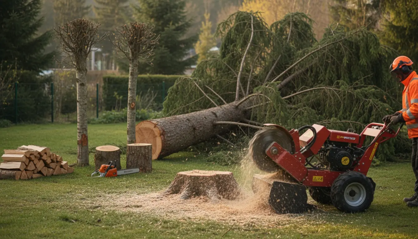 Fældning af en stor gran og to mindre træer i en have med stubbefræsning og træflis i forgrunden.