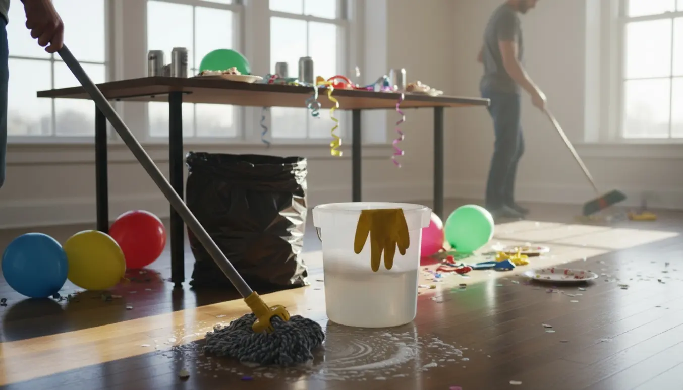 Moppe og spand i et solbeskinnet festlokale med balloner, konfetti og affald efter en fødselsdagsfest.