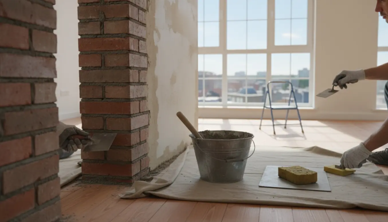 Opmuring af en døråbning i en 4. sal lejlighed med mursten, mørtel og håndværktøj klar til spartling.