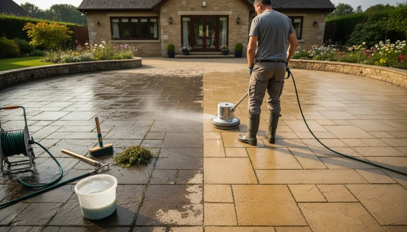 Stor stenterrasse omkring hus bliver renset med højtryksrenser, synligt før-og-efter.