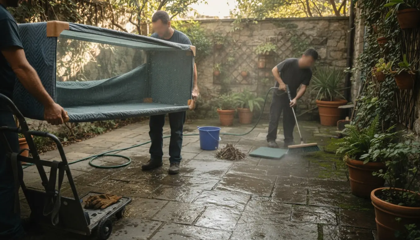 To arbejdere løfter et tungt glasbord i en lille gårdhave, mens fliserne renses med kost og vand.