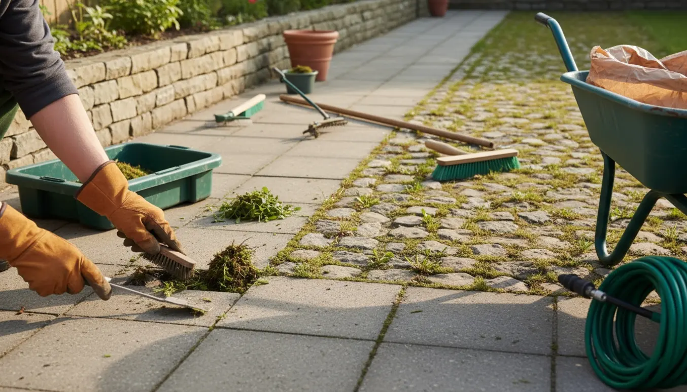 Hænder i handsker fjerner ukrudt mellem fliser og chausse-sten ved havedør og indgang.