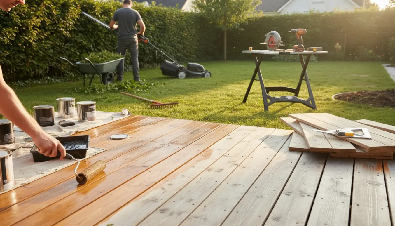 Stor have med en halvt malet træterrasse, nye terrasseplanker og haveredskaber til hækklipning og græsslåning.