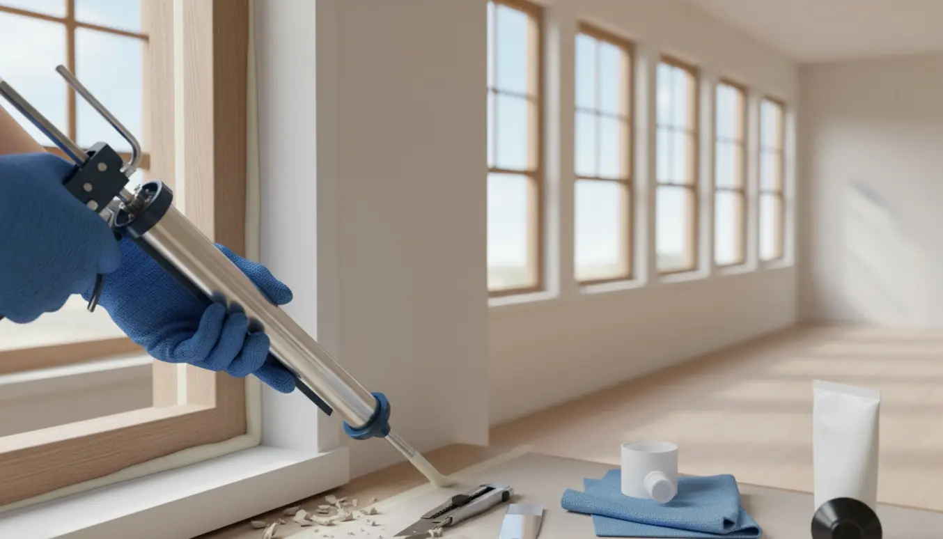 Hænder med handsker påfører ny silikonefuge i et vinduesramme med flere vinduer i baggrunden.