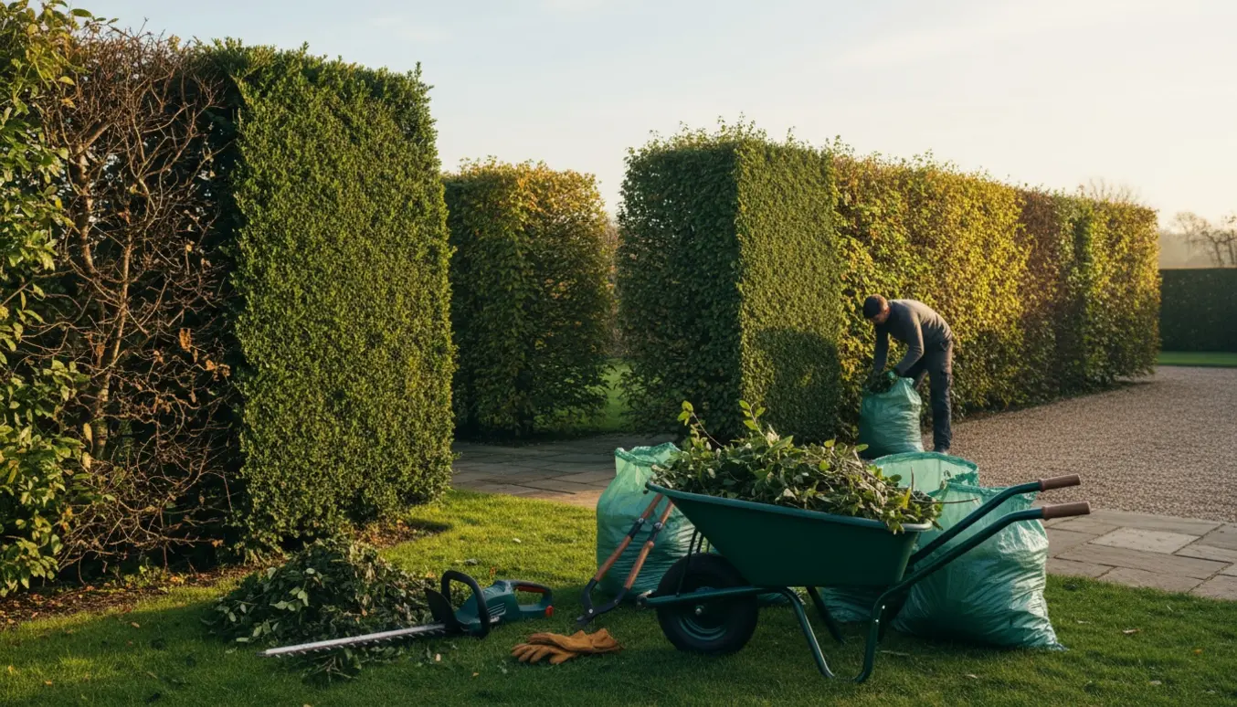To hække i forskellige stadier af klipning med trillebør og poser fyldt med hækaffald.