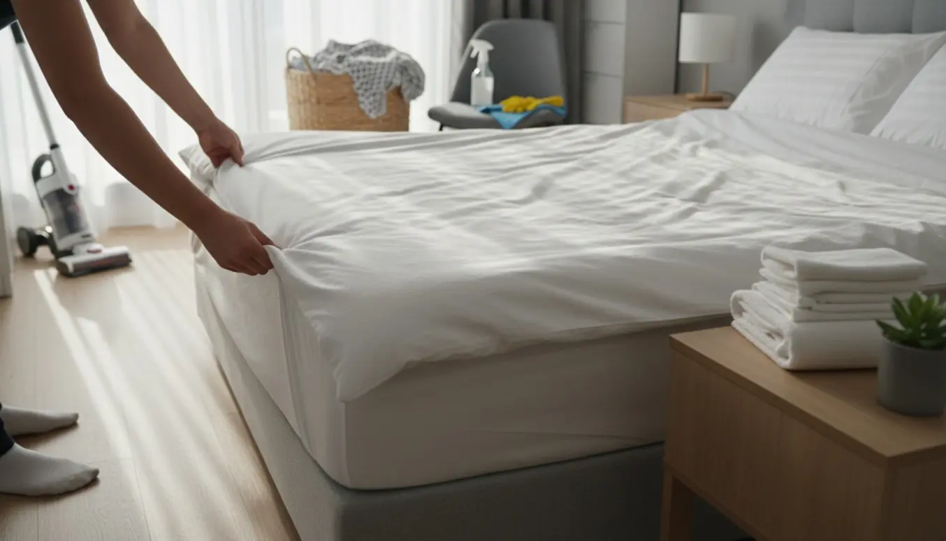 Solbelyst soveværelse hvor sengetøj skiftes, håndklæder er foldet og rengøringsudstyr står klar.