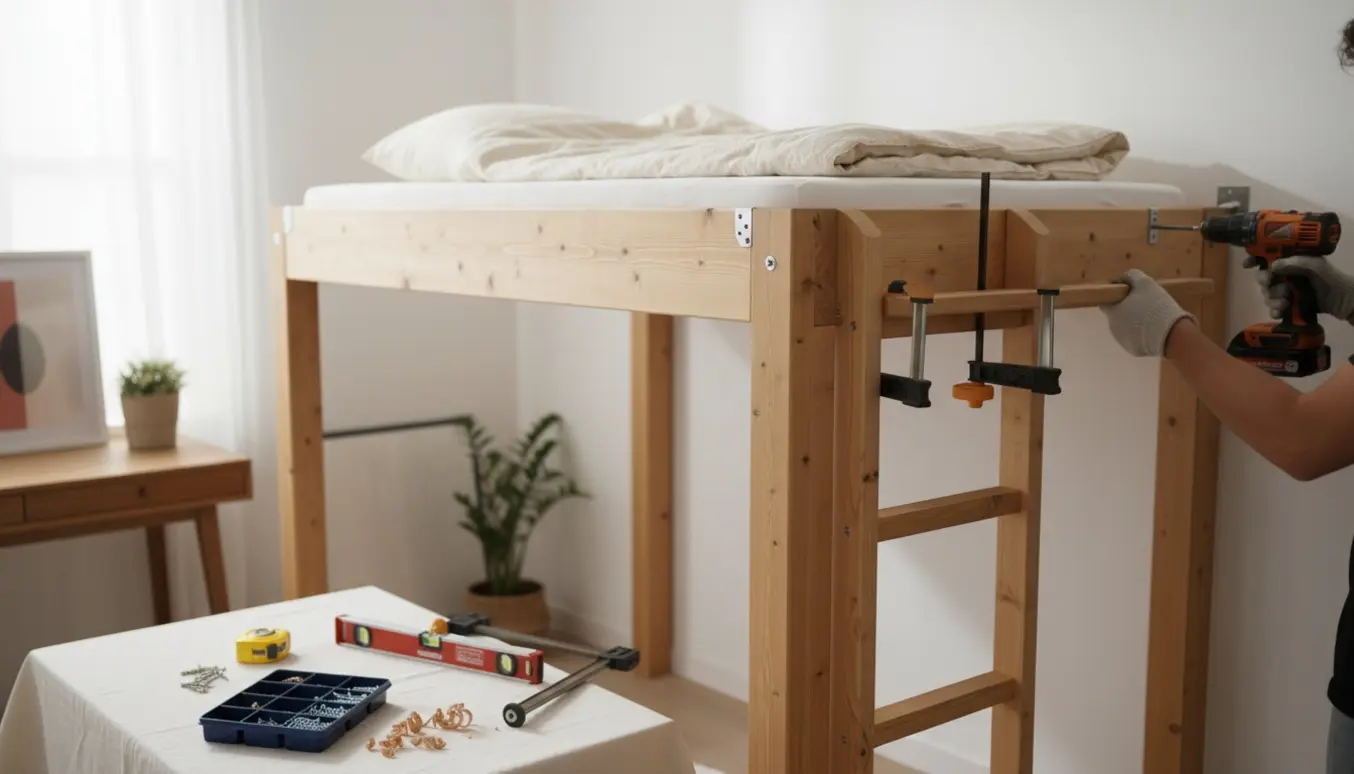 Delvist opbygget højseng fastgjort til to vægge med en lodret trappe monteret på en hjørnestolpe.