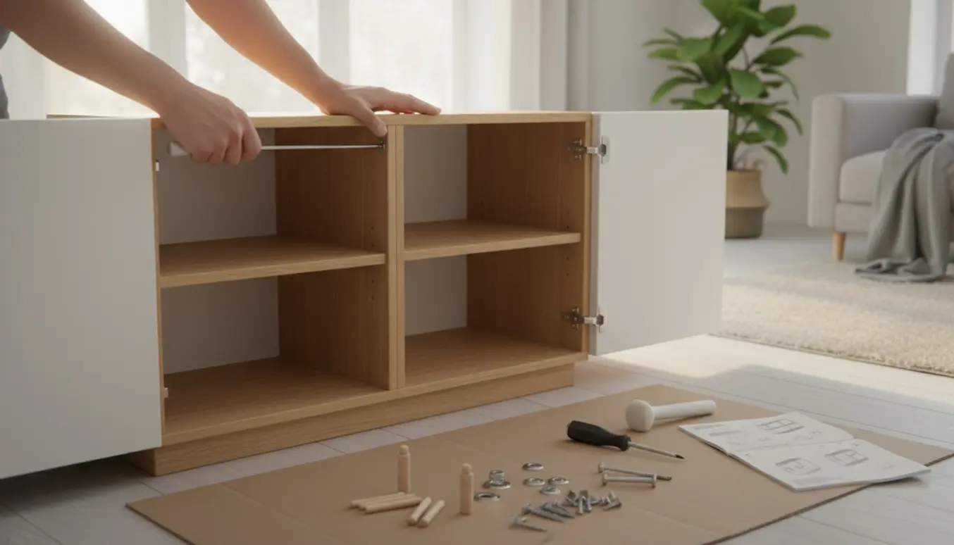 Hænder samler en delvist færdig MARKSKEL-skænk på et lyst skandinavisk gulv med værktøj spredt omkring.