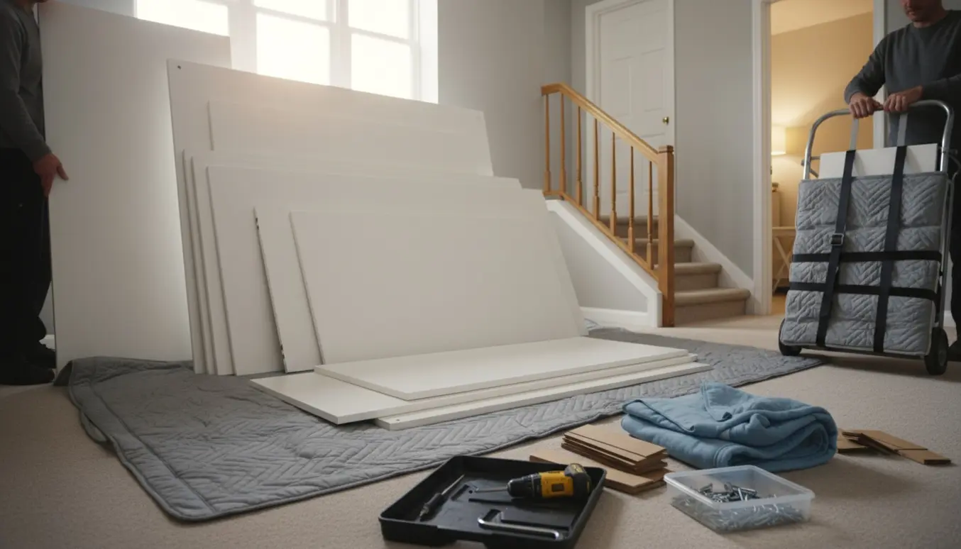 Delvist adskilt PAX-garderobe på en trappeopgangslanding med afmonterede låger, skuffer, værktøj og en trækvogn klar til flytning.