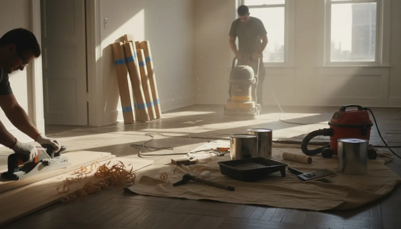 Gulvrenovering i lejlighed med rullet klikgulv, slibemaskine, afhøvlet træ og nylakeret flise.