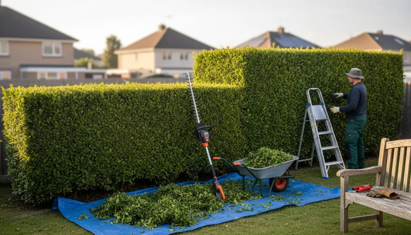 Lang hæk i forhaven klippes, med lav og høj sektion og friske afklip i forgrunden.