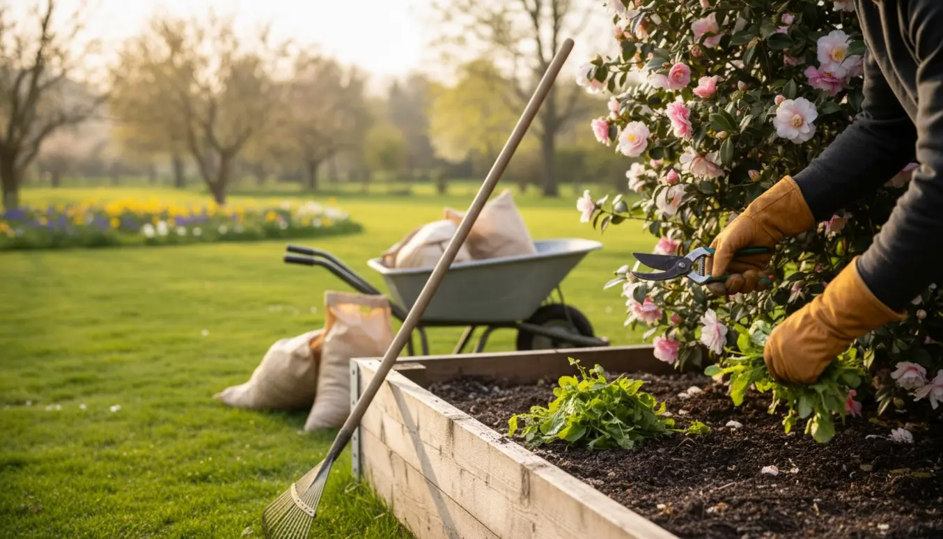 Hænder i handsker beskærer en busk og fjerner ukrudt i en solrig forårshave.