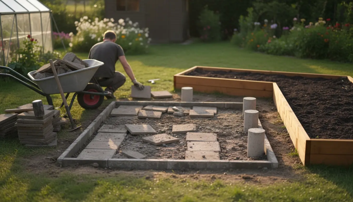 Baghaven hvor gammel drivhussokkel er fjernet, med stabler fliser, værktøj og et L-formet bed klar til nyt drivhus.