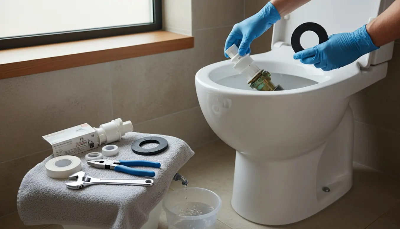 Hænder i handsker udskifter indløbs- og udløbsventilen i en åben toiletcistern med værktøj ved siden af.