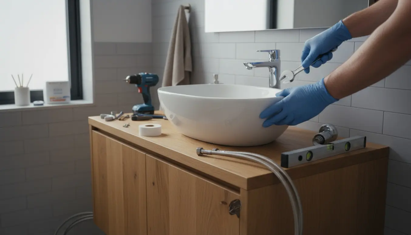 Nærbillede af hænder, der monterer en keramisk vask og et chrome blandingsbatteri i et lyst badeværelsesskab.