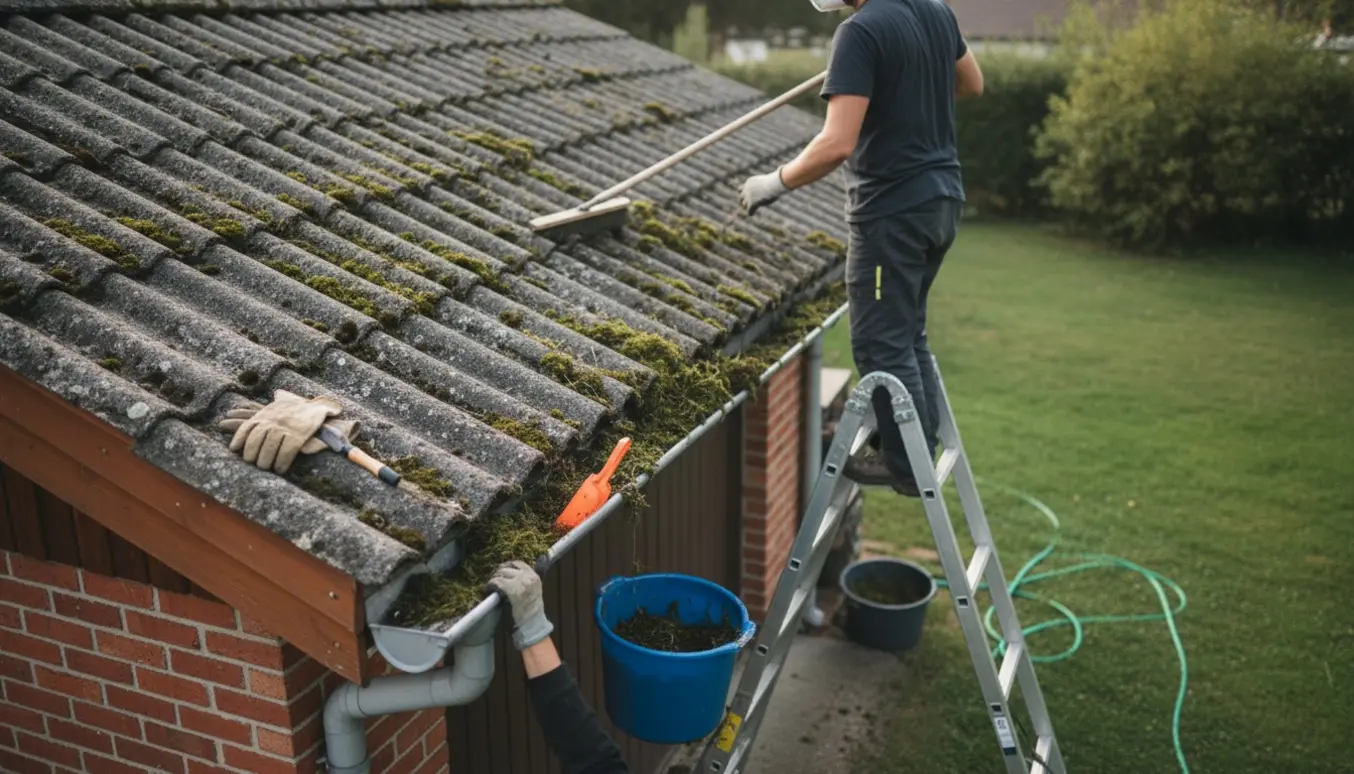 Rengøring af mos på eternittag og tømning af fyldte tagrender på en garage.