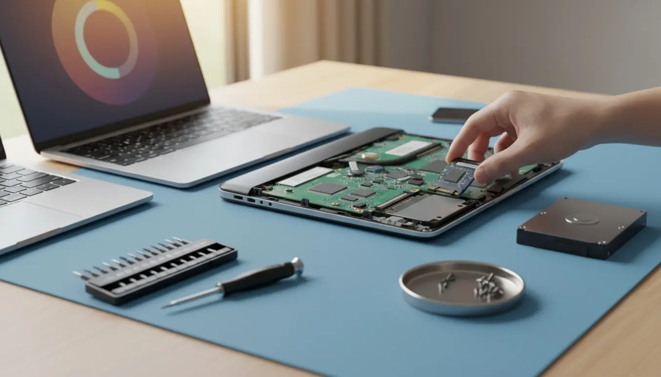 Hænder udskifter en harddisk med en SSD i en åben bærbar på et ryddeligt skrivebord med værktøj.