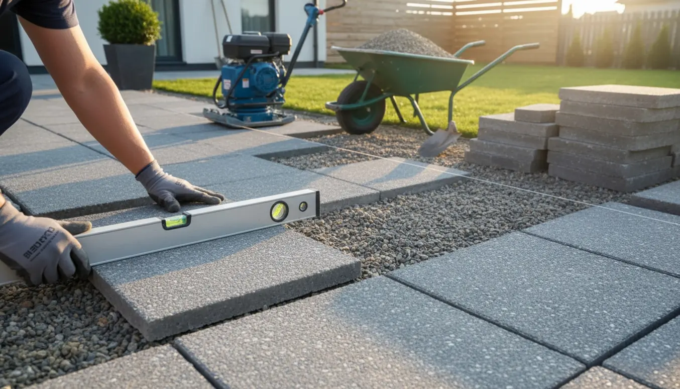 Nære hænder placerer 60x60 cm betonfliser på en kompakt stabilgrusbund i en baghave.