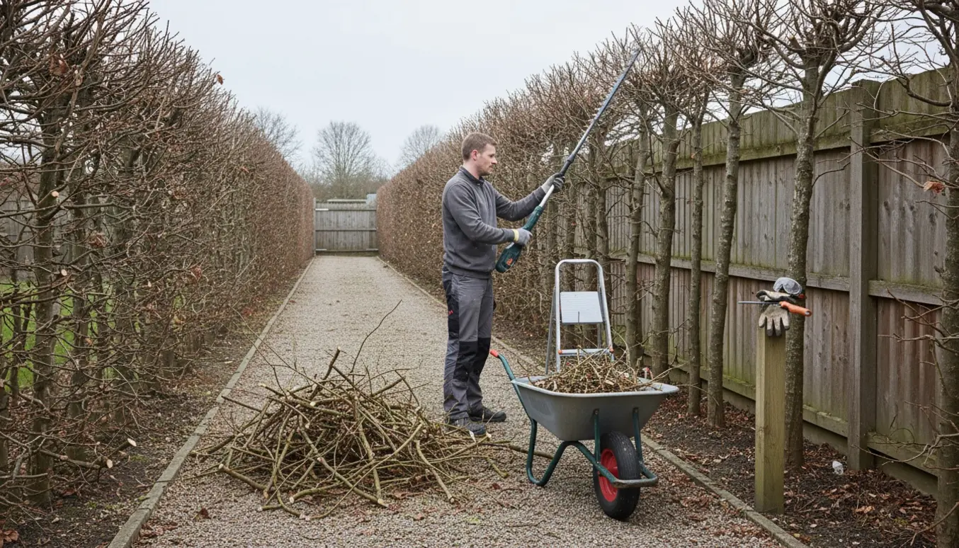 Person trimmer nøgne nøddebuske langs naboskel ned til omkring to meters højde med værktøj og en bunke afklip i forgrunden.
