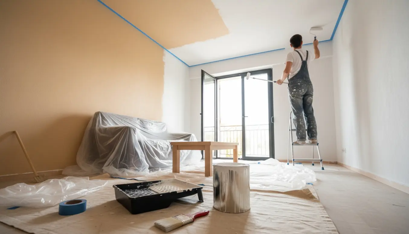 En maler på stige maler loftet i en lille stue med rulle, malerbøtte og møbler dækket af plastik.