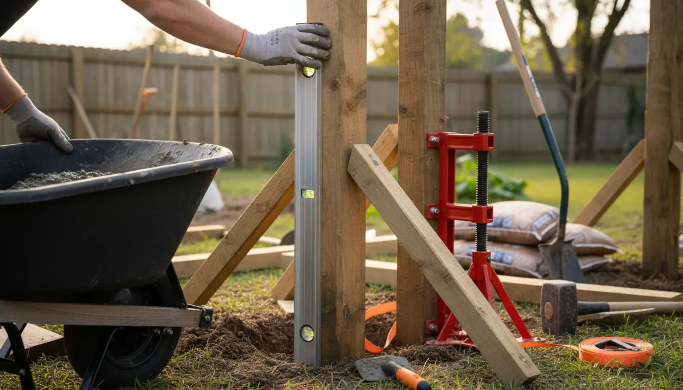 Vandretang på et træstolpe med midlertidige afstivere og værktøj, der viser opretning af plankeværk.