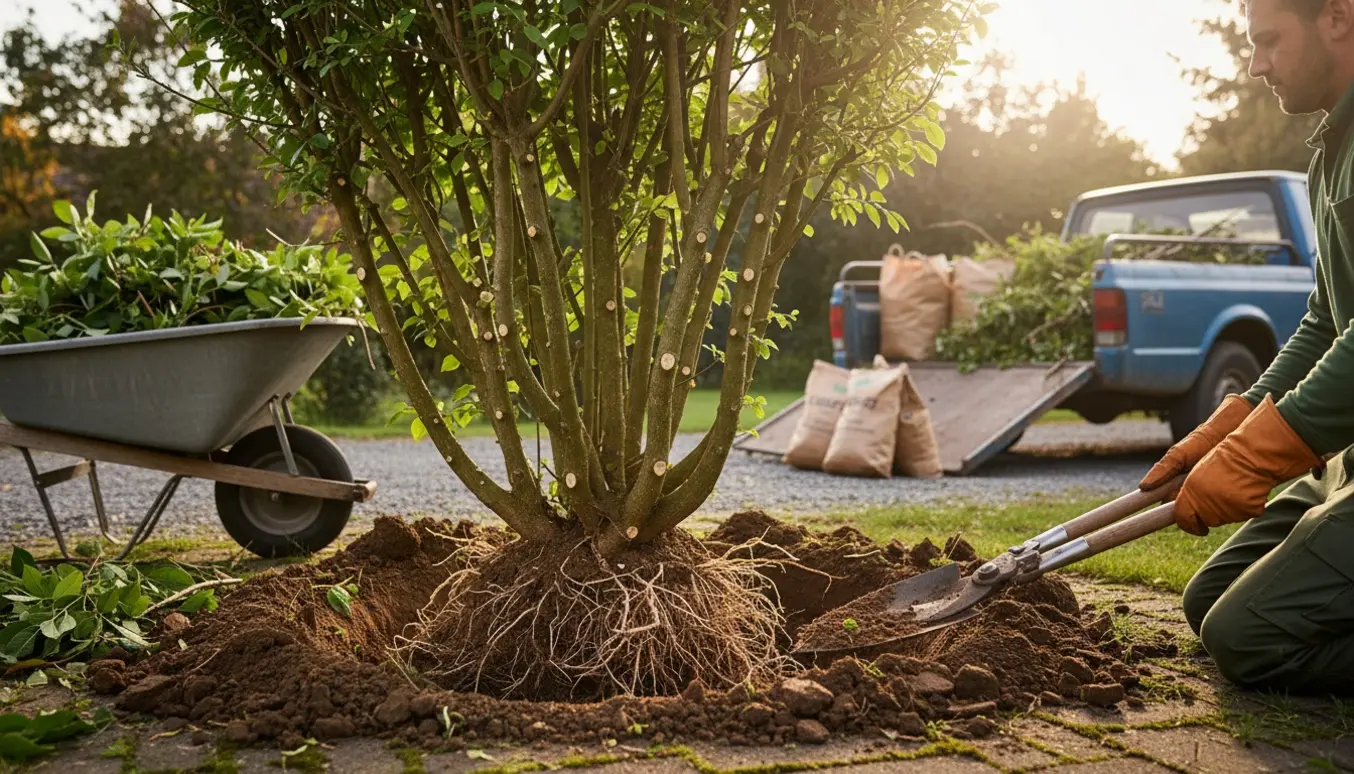 Opskåret busk med rodgravning, haveredskaber og trailer med haveaffald klar til afhentning.