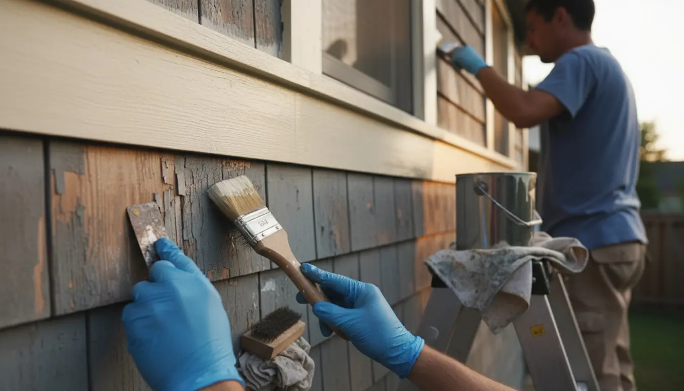 Hænder på en høj stige afrenser og maler udvendigt træværk med pensel og malerbøtte.