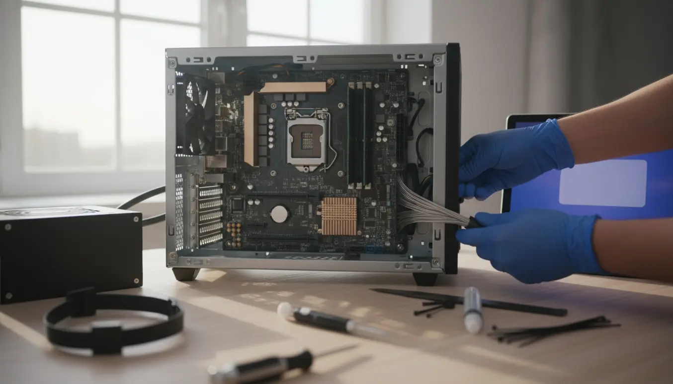 Åben pc på et arbejdsbord med komponenter og hænder, der monterer dele og forbereder BIOS.