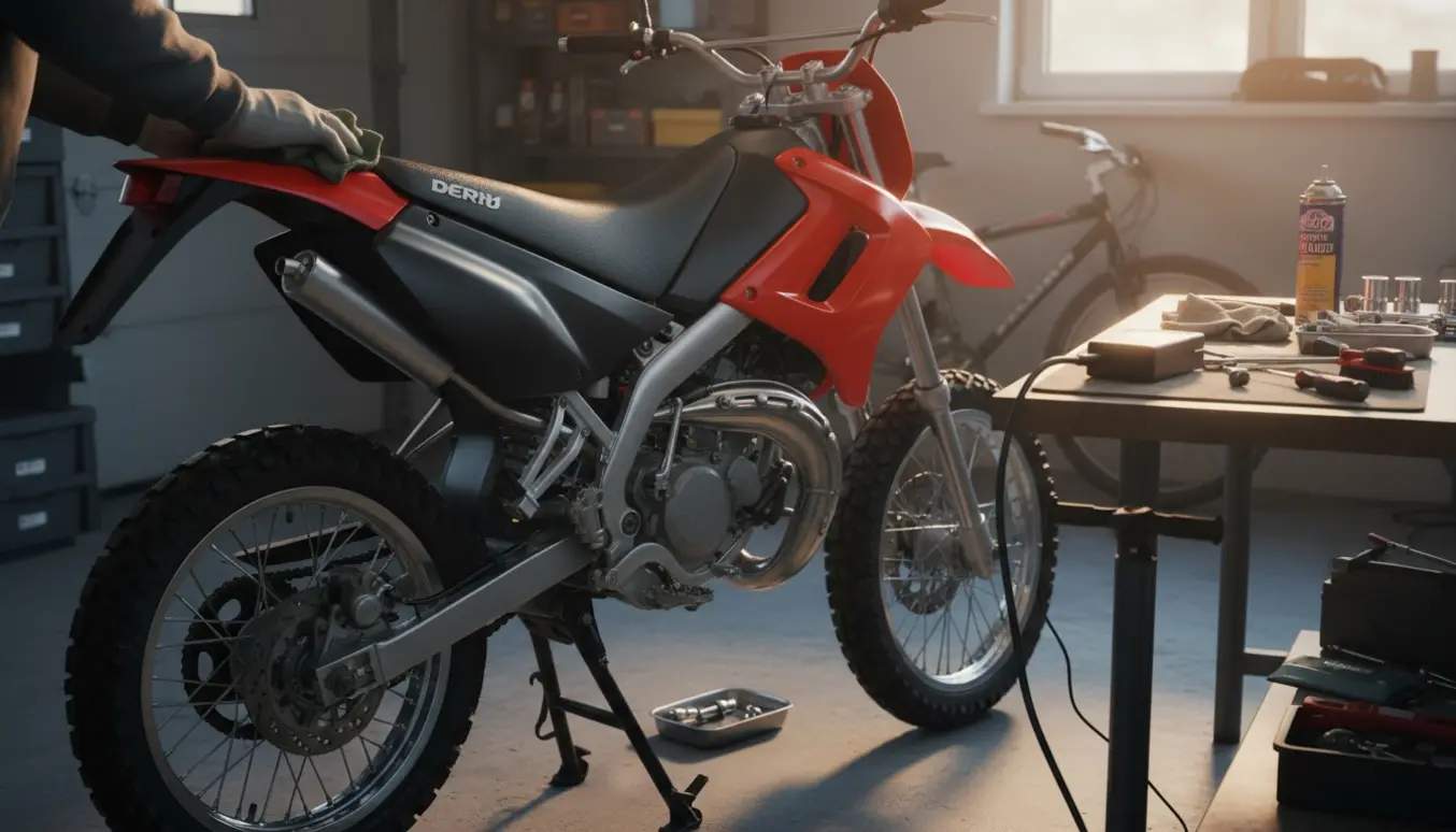 Derbi Senda knallert på centerstøtte i garage med værktøj og hænder, der rengør og servicerer den til salg.