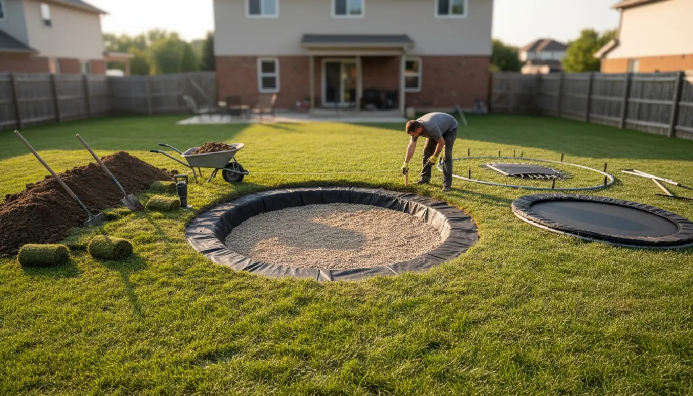 Cirkulært udgravet hul i haven klar til nedgravning af trampolin med værktøj og metalramme ved siden af.