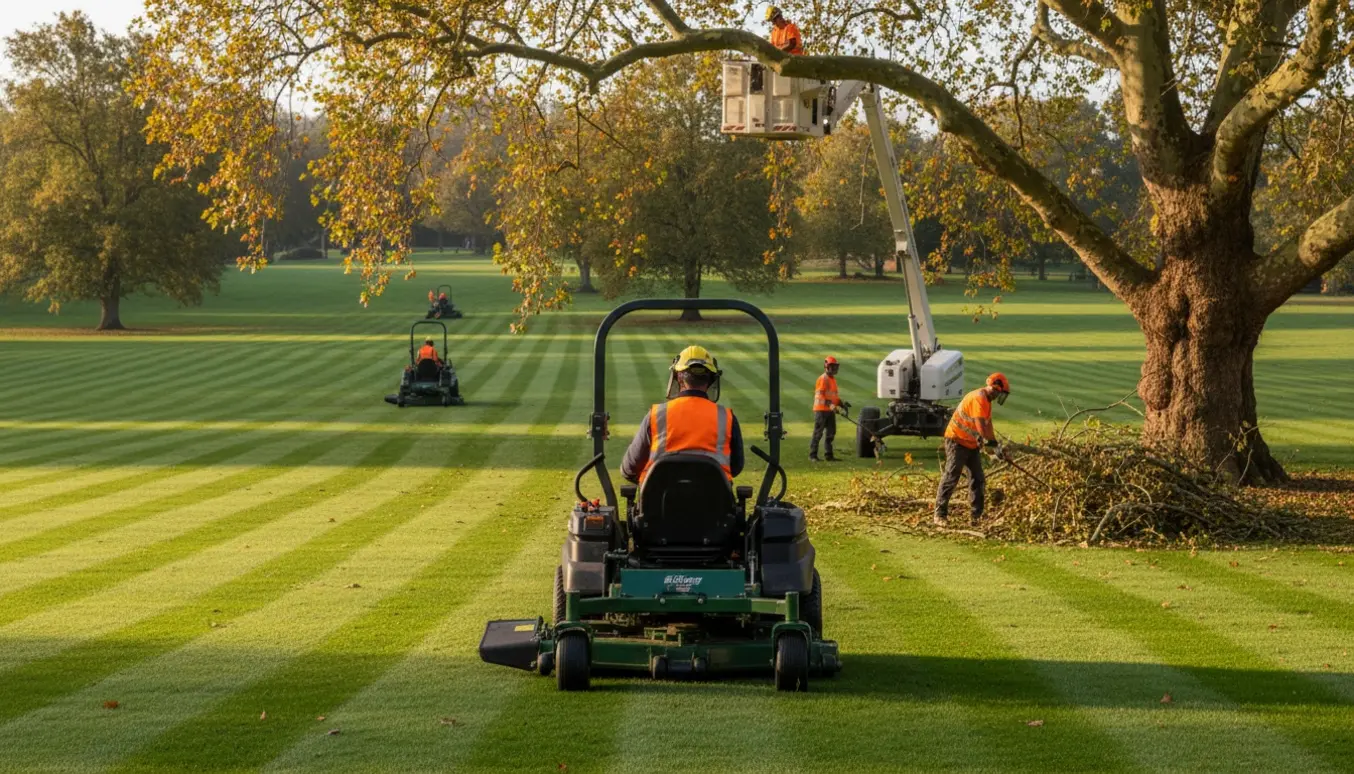 Professionel plæneklipning på et stort græsareal med platantræer, hvor en lift bruges til beskæring.