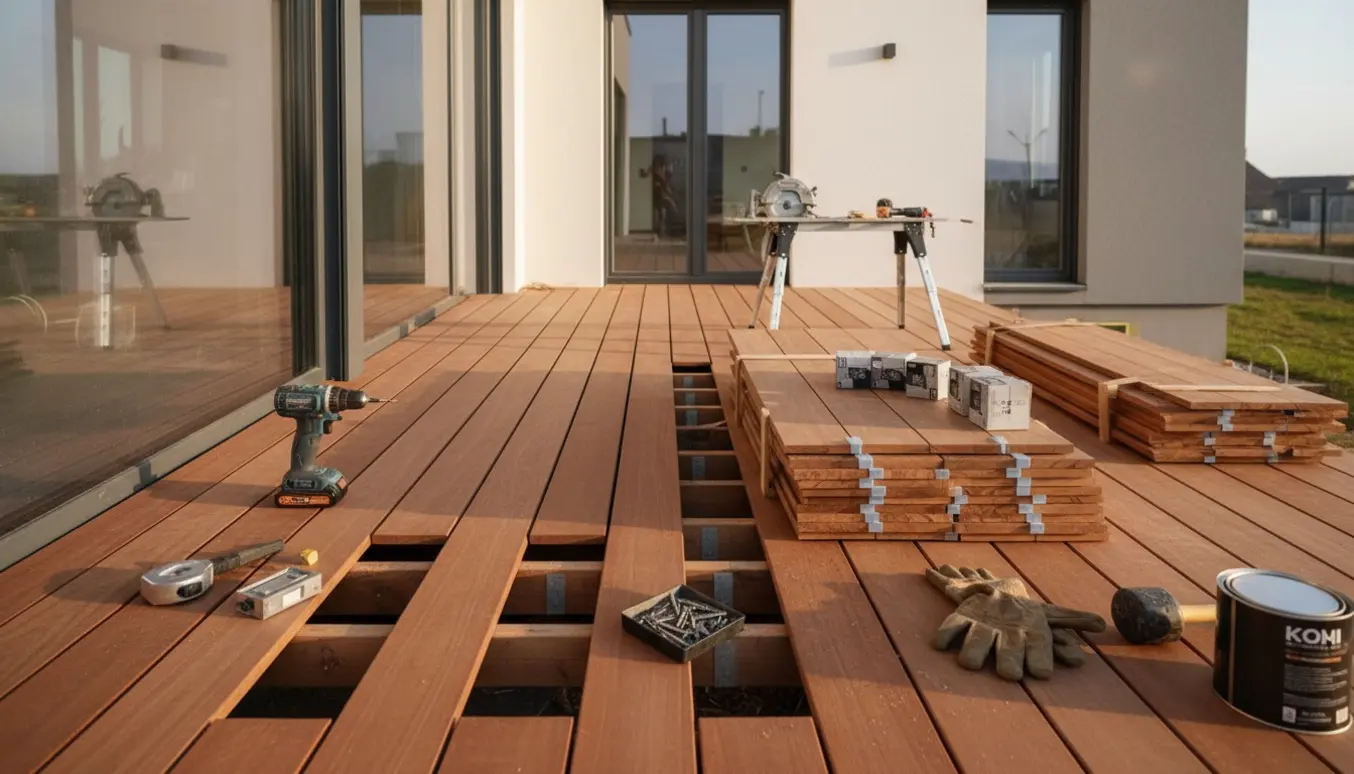 Delvist færdig cumaru-træterrasse foran et nyt hus med brædder, værktøj og stabilt underlag.