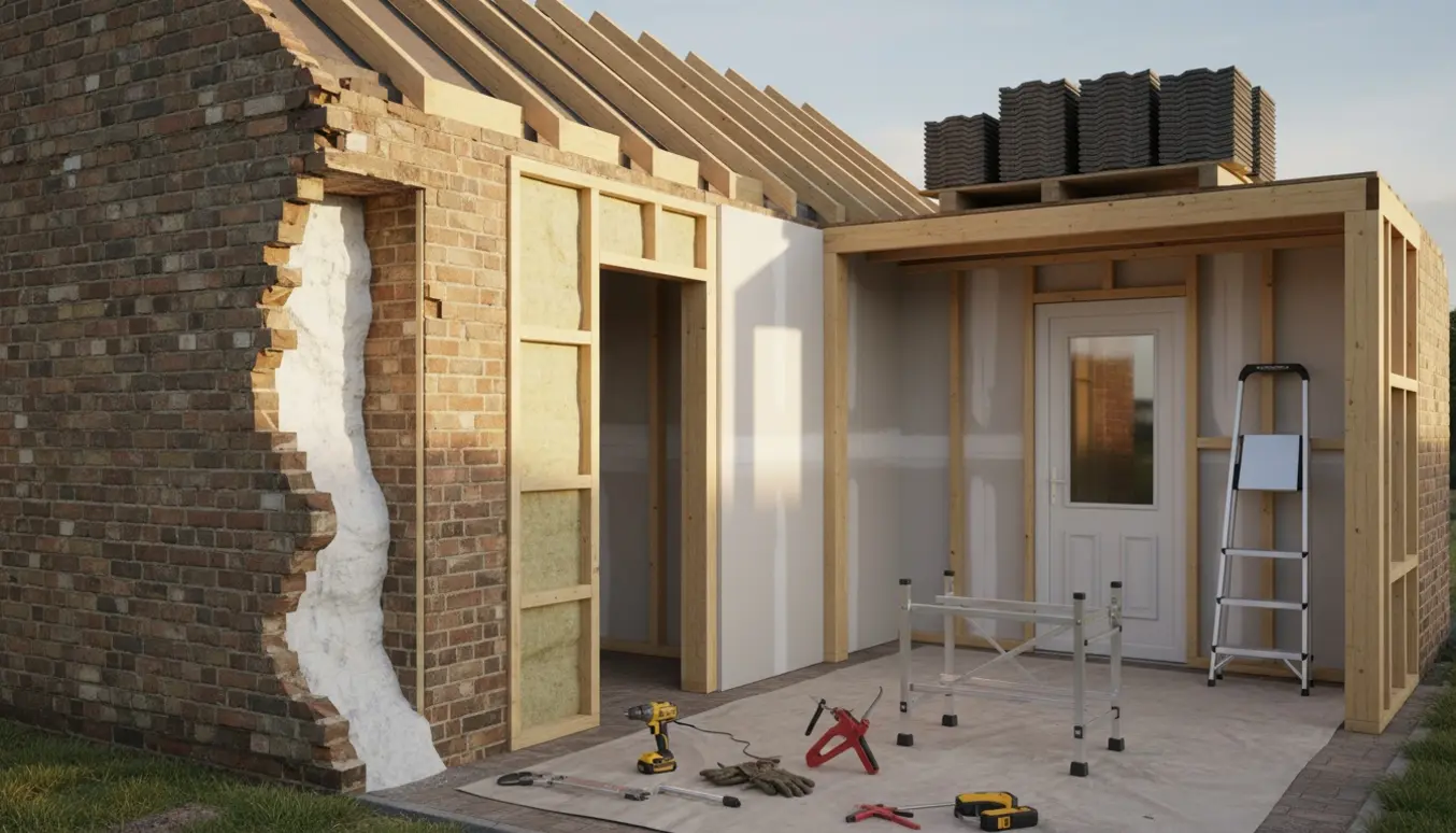 Muret garage under renovering med åben væg, isolering, nyt tag og en dør med vindue klar til montering.