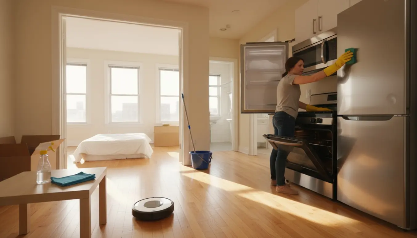 Lys lejlighed under fraflytningsrengøring med rengøringsredskaber, åben ovn og køleskab.