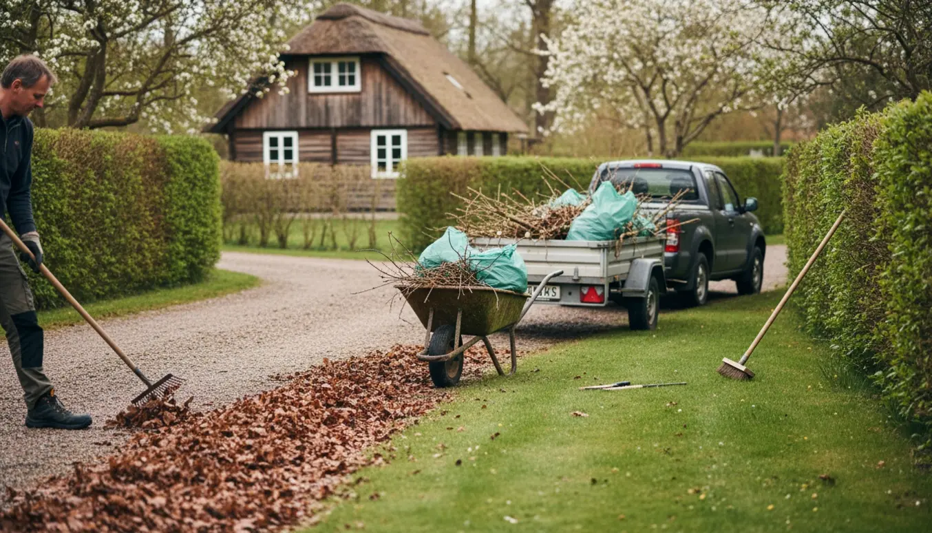 Person raker blade og læsser haveaffald i trailer ved et sommerhus.