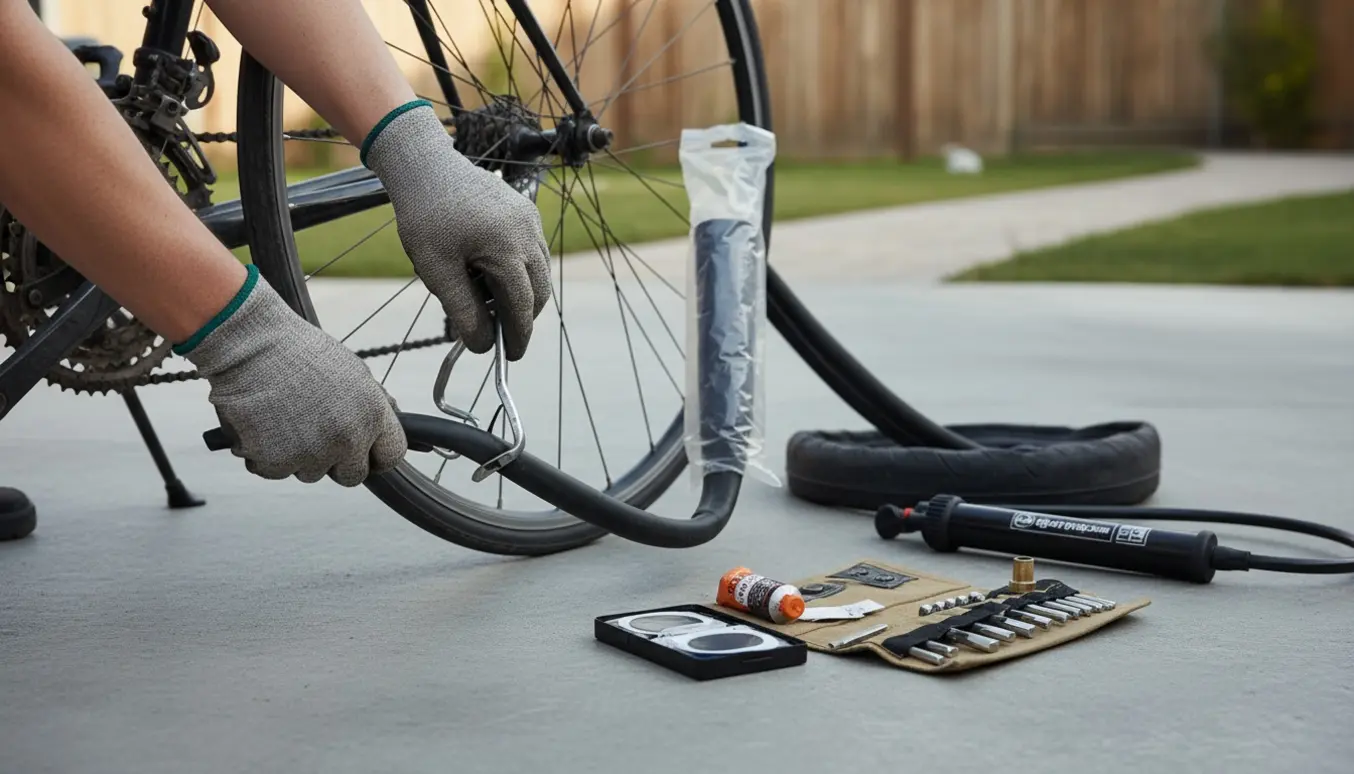 Nærbillede af handskerklædte hænder, der bruger dækjern til at skifte et punkteret cykeldæk med reservedele og pumpe ved siden af.