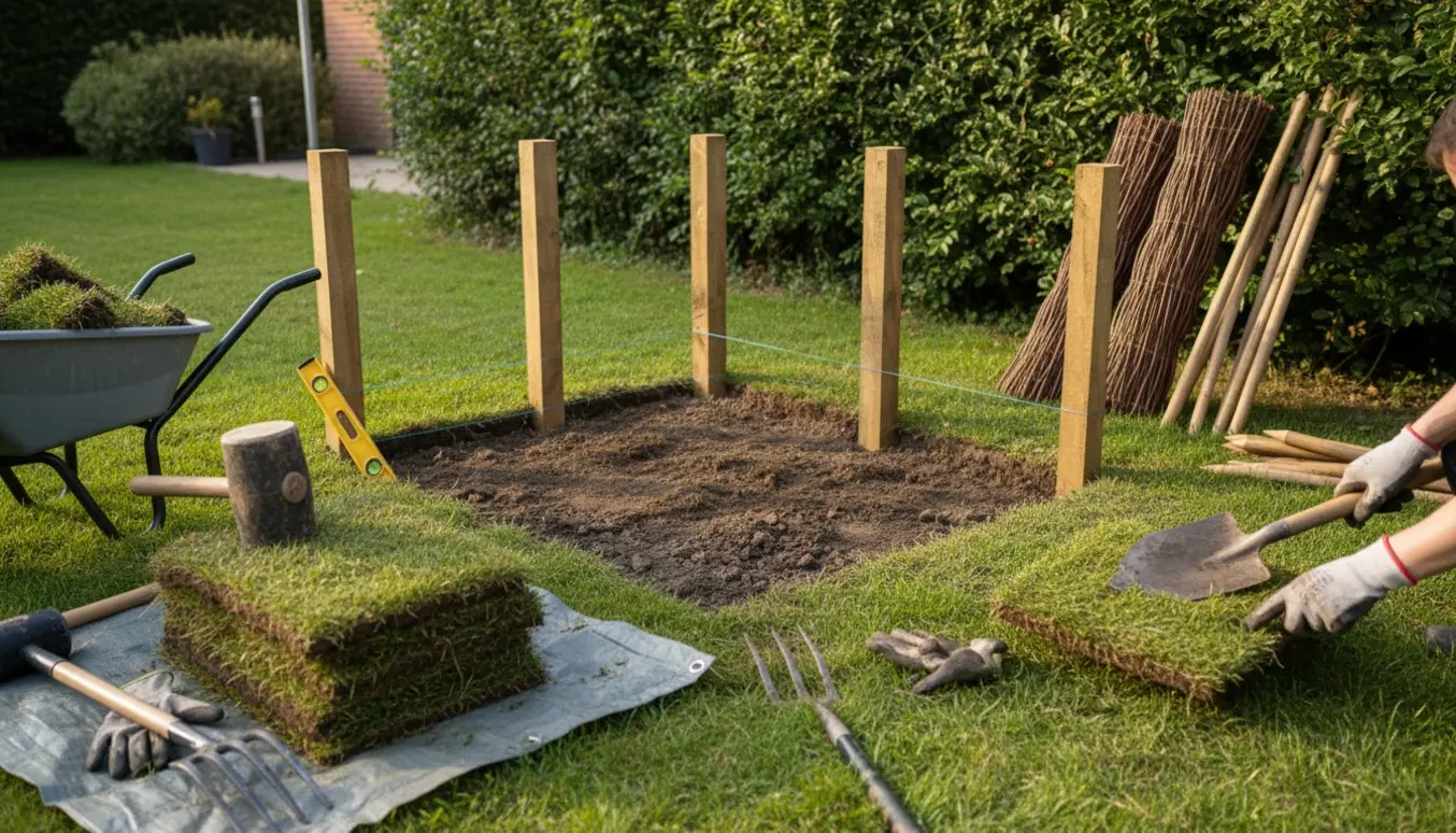 Opsætning af fire pilehegnspæle og opgravning af en lille 2 m² græsplæne til bed med redskaber og rullet græstørv.