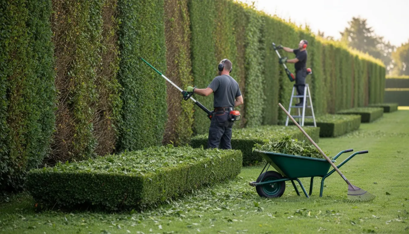 Lang række høje hække bliver professionelt klippet med stangtrimmer og trillebør med afklip i forgrunden.