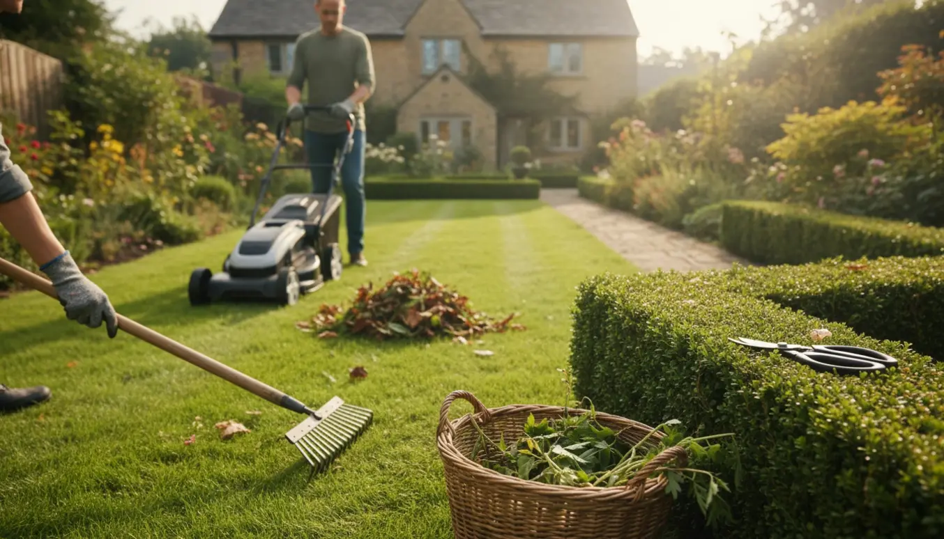 Velplejet have hvor græs slås, blade rives sammen og buske klippes.