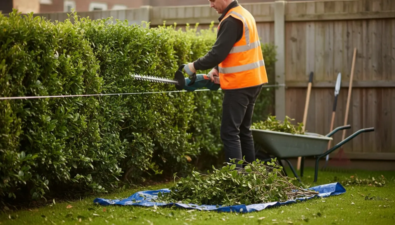En hækkeklipper skærer ca. 30 cm af en tæt hæk, med friske afklip samlet på en presenning og en snor, der markerer ny højde.