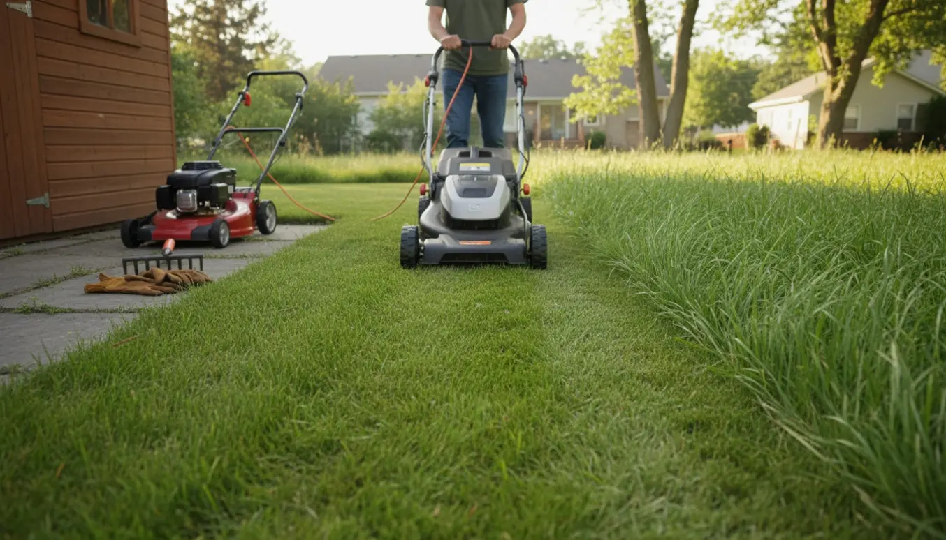 En person slår højt græs på en rummelig plæne med en elektrisk plæneklipper og tydelige striber af nyslået græs.