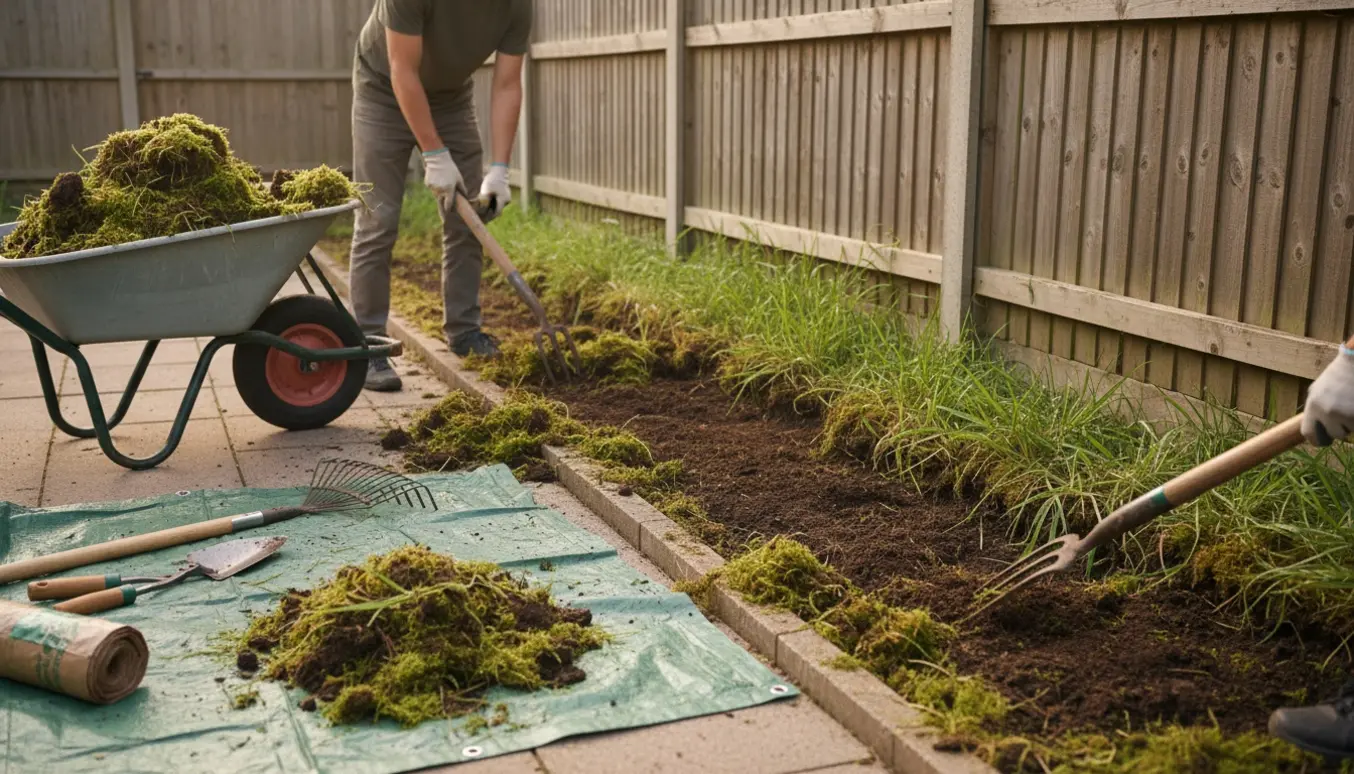 Oprydning af et smalt bed langs et hegn med skovl, trillebør og opgravet mos i en flisebelagt have.