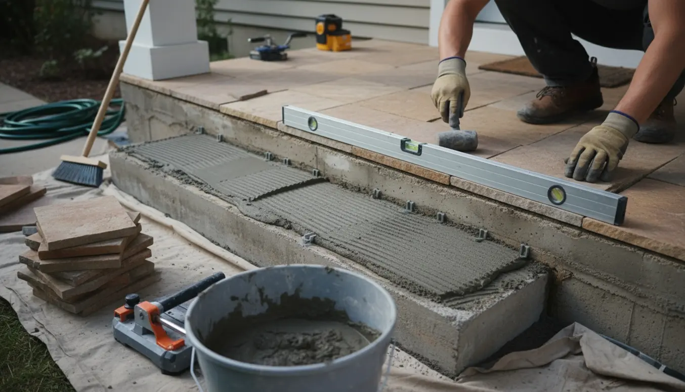 Udendørs trappe ved indgang hvor nye stenfliser lægges og rettes med værktøj.